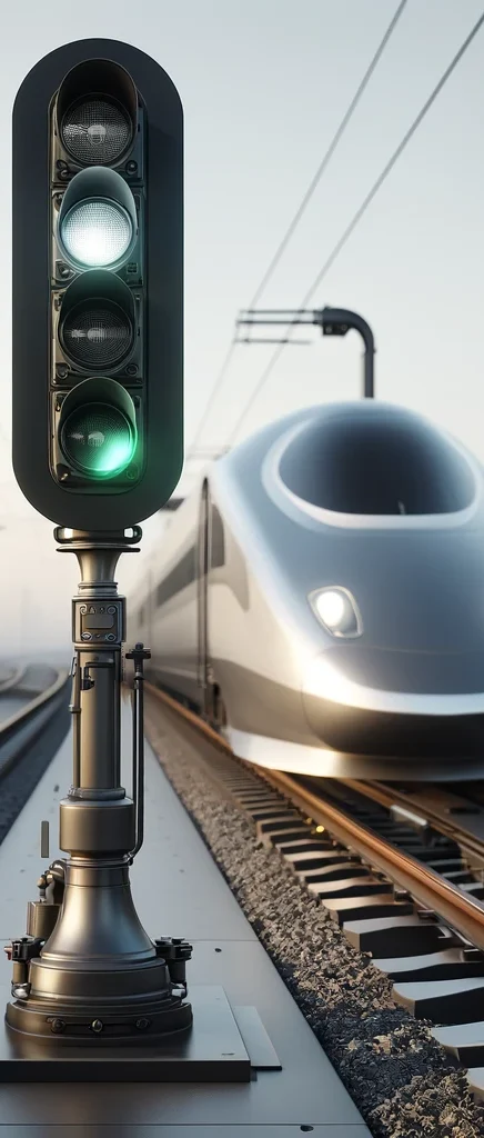 Signal mit moderner Zug- und Signalsysteme, symbolisiert Leit- und Sicherungstechnik für Bahnwesen, Elektrotechnik in Frankfurt, Offenbach und Rhein-Main-Gebiet